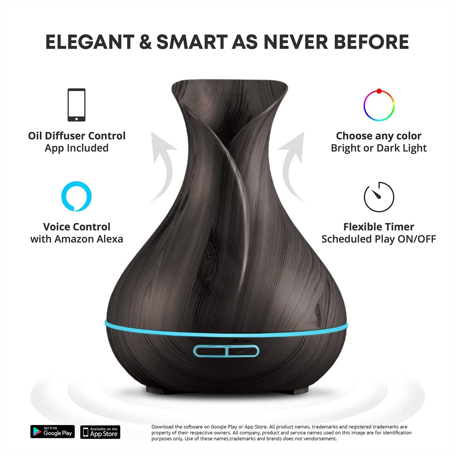 Smart Wifi Wireless Essential Oil Aromatherapy 400Ml Ultrasonic Diffuser & Humidifier with Alexa & Google Home Phone App & Voice Control - LED & Timer Settings Dark Brown