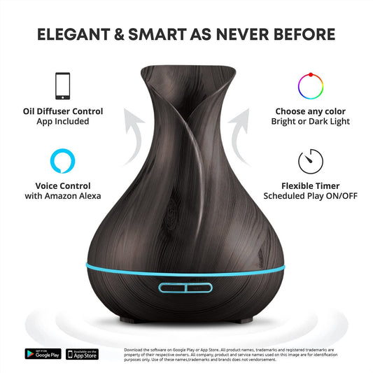 Smart Wifi Wireless Essential Oil Aromatherapy 400Ml Ultrasonic Diffuser & Humidifier with Alexa & Google Home Phone App & Voice Control - LED & Timer Settings Dark Brown