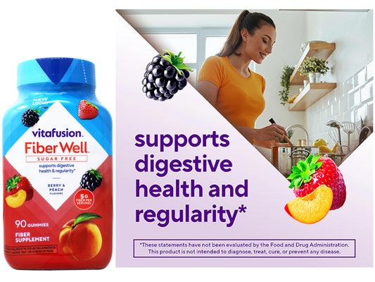 Fiber Well Sugar Free Fiber Supplement Gummies, Berry & Peach Flavors, 90 Count