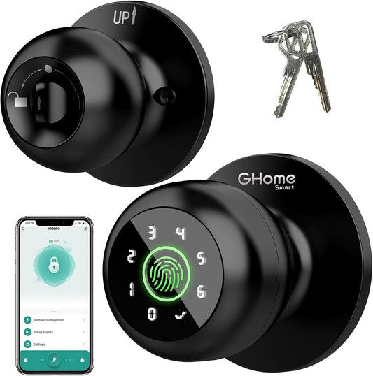 4-In-1 Smart Door Knob Fingerprint Door Lock with Keypad, Biometric & App Control, Keyless Entry for Room, Garage, Office, Apartment, Local Data Storage