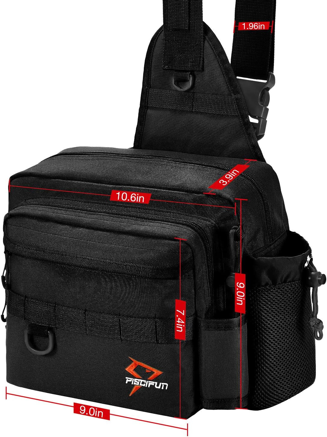 Fishing Tackle Bag with Rod & Gear Holder, Lightweight Sling Tackle Storage Bag, Water-Resistant Cross Body Sling Bag with D-Rings and Waist Strap, Available in Black, Khaki, Camo