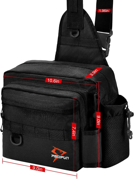 Fishing Tackle Bag with Rod & Gear Holder, Lightweight Sling Tackle Storage Bag, Water-Resistant Cross Body Sling Bag with D-Rings and Waist Strap, Available in Black, Khaki, Camo