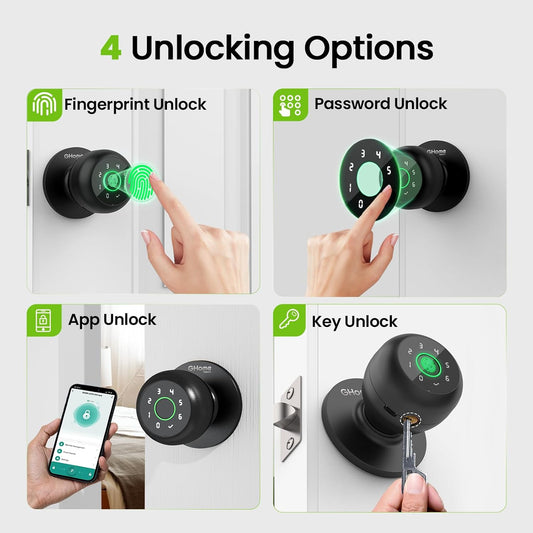 4-In-1 Smart Door Knob Fingerprint Door Lock with Keypad, Biometric & App Control, Keyless Entry for Room, Garage, Office, Apartment, Local Data Storage