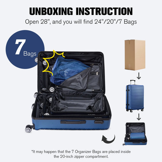 3 Piece Luggage Sets Travel Suitcase Set with 7PCS Organizer Bags, Navy Blue