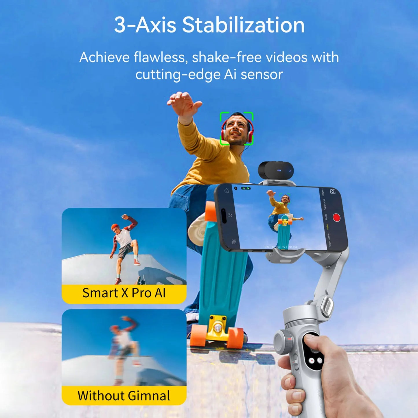Smart Xpro Ai Grey Gimbal Stabilizer for Iphone and Android 3-Axis Intelligent Gimbal Stabilizer Appless Face Tracking
