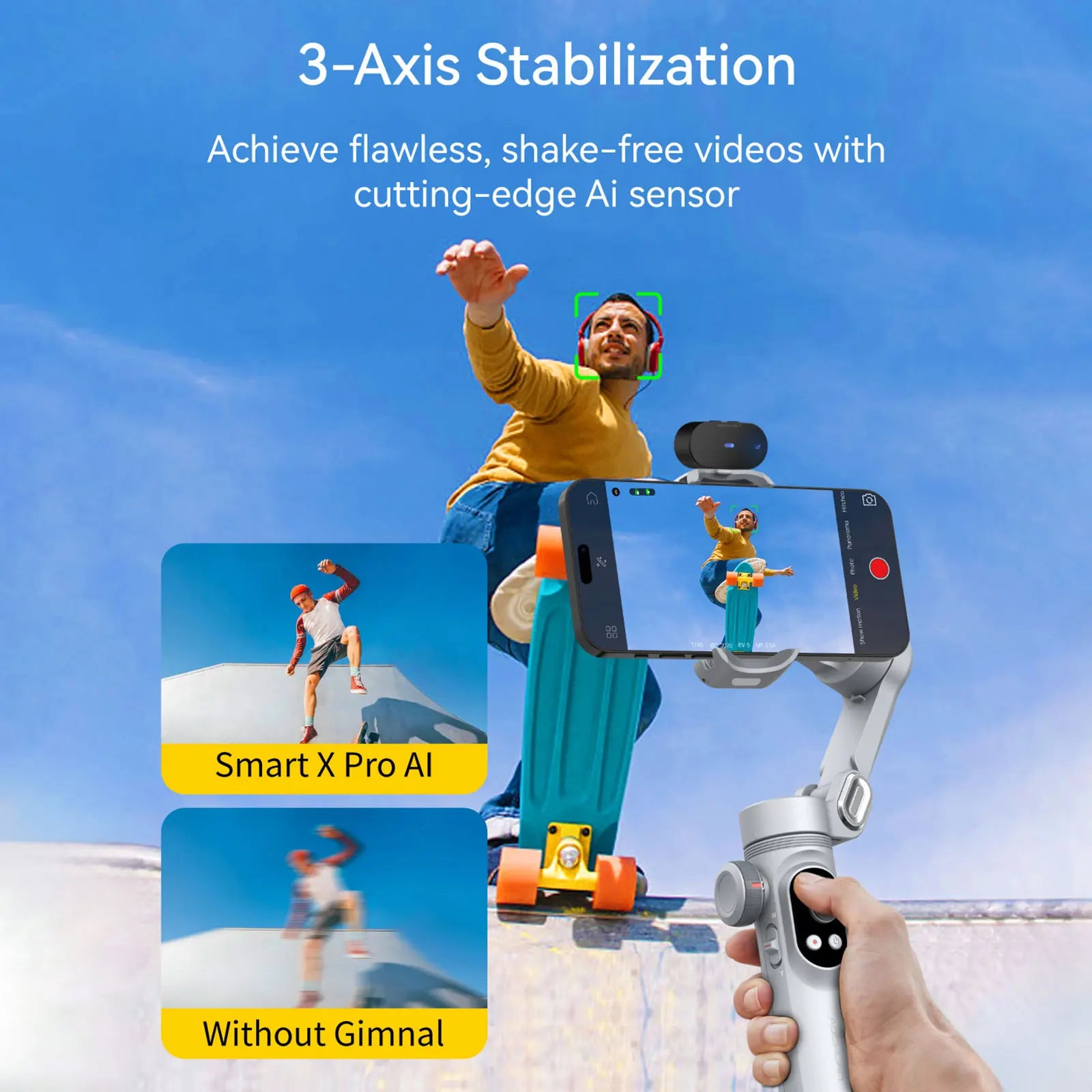Smart Xpro Ai Grey Gimbal Stabilizer for Iphone and Android 3-Axis Intelligent Gimbal Stabilizer Appless Face Tracking