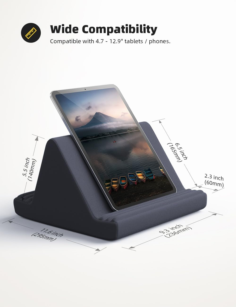 Tablet Pillow Stand, Pillow Soft Pad for Lap - Tablet Holder Dock for Bed with 6 Viewing Angles, for 4-13" Tablets, like Ipad Pro 11, 13, Air, Mini, Kindle, Galaxy Tab, E-Reader, Dark Gray