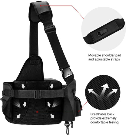 Fishing Tackle Bag with Rod & Gear Holder, Lightweight Sling Tackle Storage Bag, Water-Resistant Cross Body Sling Bag with D-Rings and Waist Strap, Available in Black, Khaki, Camo