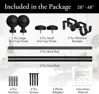 1-Inch Diameter Ball Telescoping Double Window Treatment Curtain Rod, 28-Inch to 48-Inch, Black