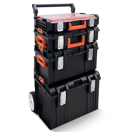 Stackable Storage System - 4 Pieces Set, Rolling Tool Box Set Mobile Tool Chest Storage Organizer Portable . Mobile Utility Cart with Comfort Grip Handle and Tough Latches, Black