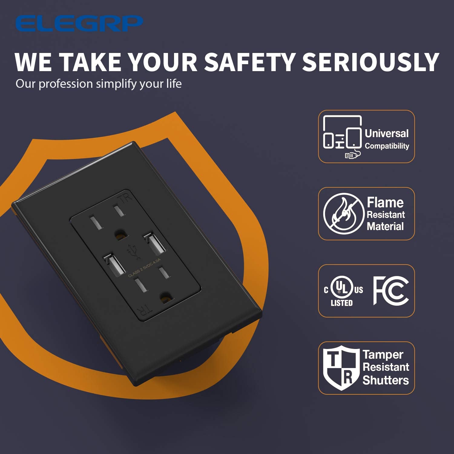 USB Wall Outlet Receptacle with Dual 4.0 a USB Ports, 15 Amp Duplex Tamper Resistant Receptacle, Charging Power Outlet with USB Ports, Wall Plate Included, UL Listed (1 Pack, Glossy Black)