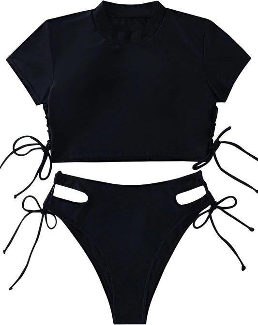 Drawstring Bikini Set Srting Swimsuit Short Sleeve Top and Tie Side Bottom 2 Piece