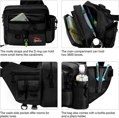 Fishing Tackle Bag with Rod & Gear Holder, Lightweight Sling Tackle Storage Bag, Water-Resistant Cross Body Sling Bag with D-Rings and Waist Strap, Available in Black, Khaki, Camo