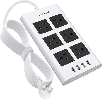 Flat Plug Long Extension Cord 10 Ft,  15A 14 AWG Power Strip Surge Protector with 6 Wide Outlets 4 USB Ports, Fireproof Desktop Charger for Phone Laptop Home Office Dorm Hotel Travel, White