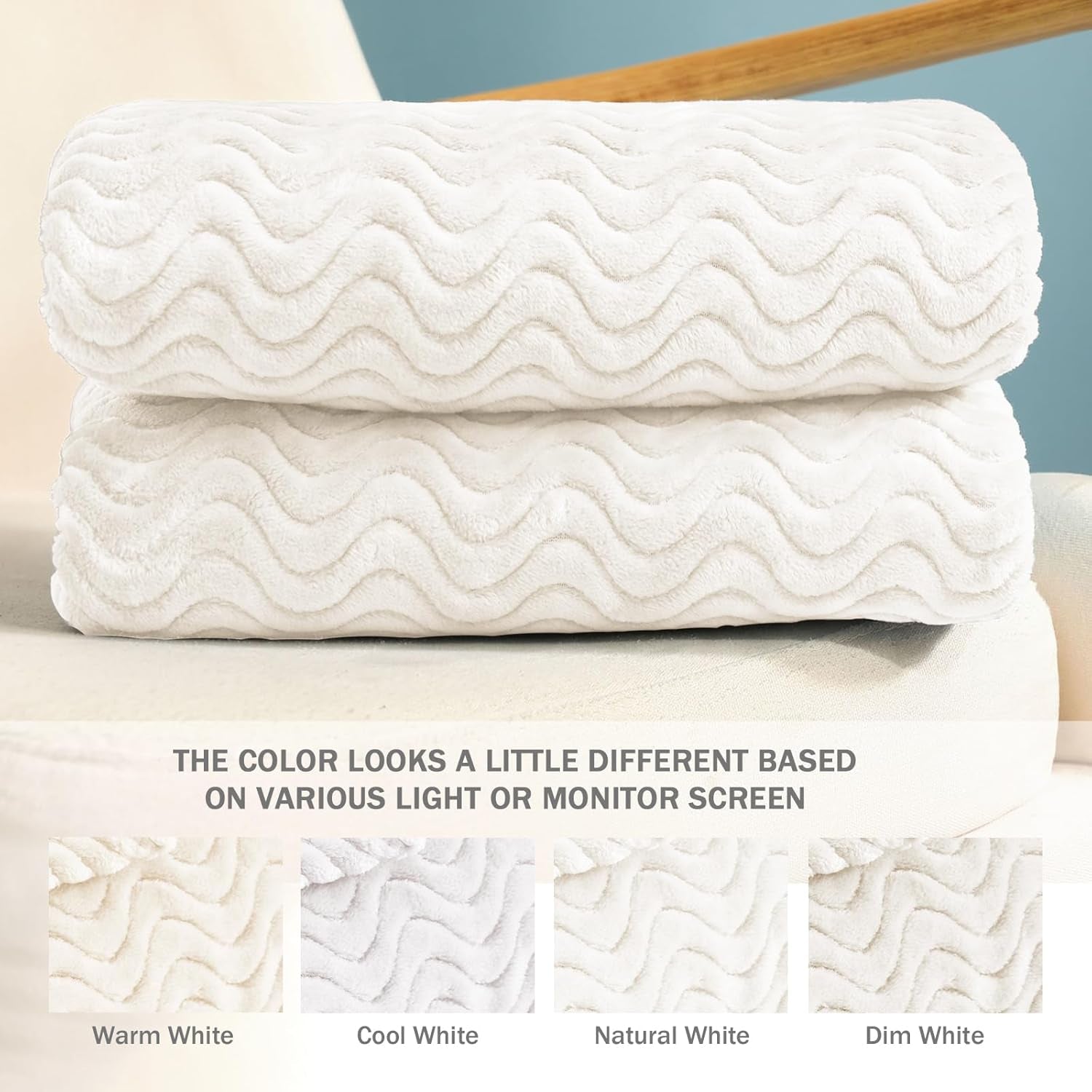 Soft Fleece Throw Blanket for Couch, Cozy Lightweight Blankets with Decorative Wave Textured Suitable for All Season Use, Ivory, 50X70 Inches