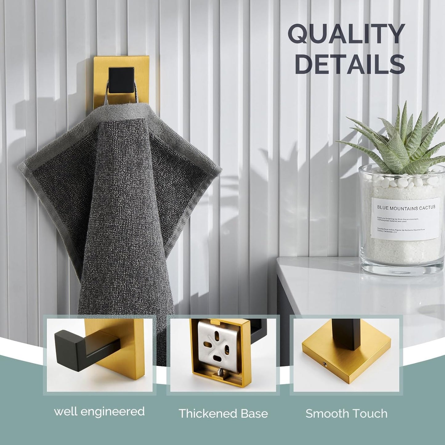 Towel Hook Black & Gold, 304 Stainless Steel Square Robe Bathroom Hook for Wall
