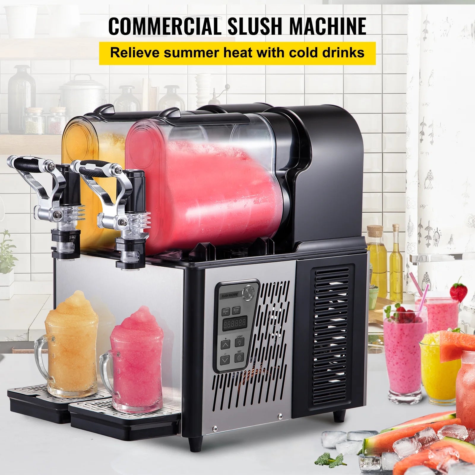 3Lx2 Commercial Slushy Machine Stainless Steel Margarita Slushie Maker Frozen Drink Maker for Ice Juice Tea Coffee Making, Sliver