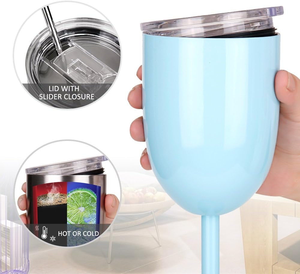 Stainless Steel Wine Glasses(2 Pack).Double Walled Vacuum Insulated Wine Tumbler Cups with Lid and Straw.Friendship,Christmas,Birthday Gifts for Women Men Friends Dad Mom(10Oz Light Blue)