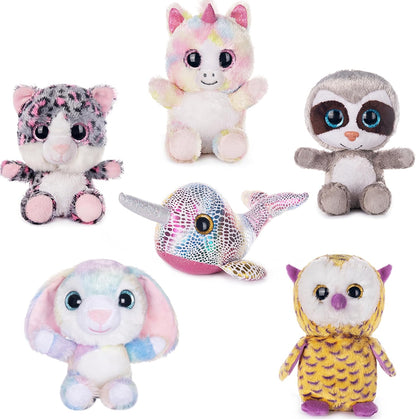 7" Adorable Stuffed Animals Bulk - 6 Pcs Fairy Tale Plush Toys (Sloth, Unicorn, Rabbit, Narwhal, Owl, Cat) - Perfect Plushies for Babies Kids Girls & Boys