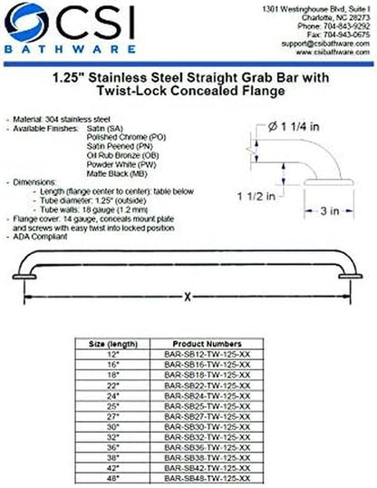 Straight Grab Bar Bath, 18",1.25" Diameter Satin Stainless