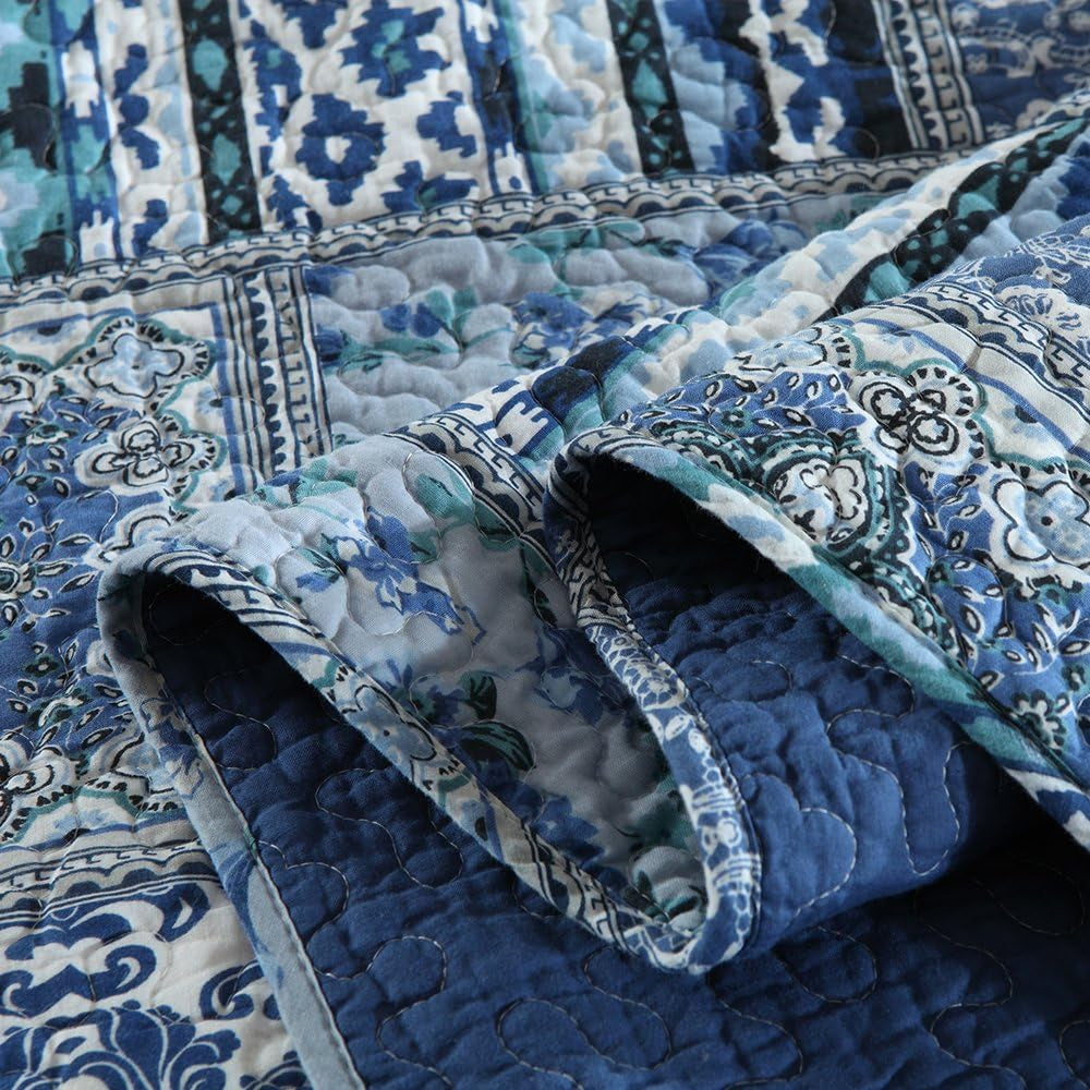 Cotton Bedspread Quilt Sets-Reversible Patchwork Coverlet Set, Blue Classic Bohemian Pattern,Twin Size