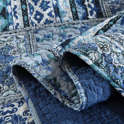Cotton Bedspread Quilt Sets-Reversible Patchwork Coverlet Set, Blue Classic Bohemian Pattern,Twin Size
