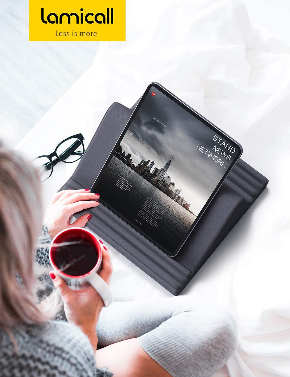 Tablet Pillow Stand, Pillow Soft Pad for Lap - Tablet Holder Dock for Bed with 6 Viewing Angles, for 4-13" Tablets, like Ipad Pro 11, 13, Air, Mini, Kindle, Galaxy Tab, E-Reader, Dark Gray