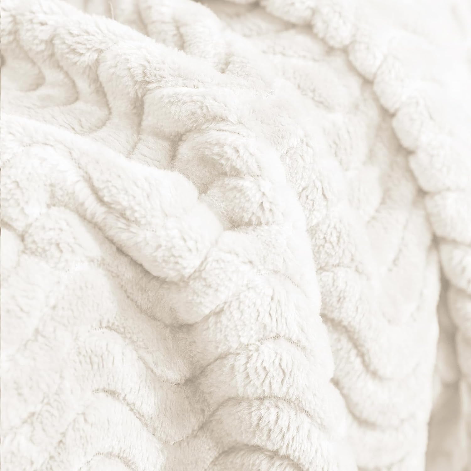Soft Fleece Throw Blanket for Couch, Cozy Lightweight Blankets with Decorative Wave Textured Suitable for All Season Use, Ivory, 50X70 Inches
