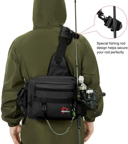 Fishing Tackle Bag with Rod & Gear Holder, Lightweight Sling Tackle Storage Bag, Water-Resistant Cross Body Sling Bag with D-Rings and Waist Strap, Available in Black, Khaki, Camo
