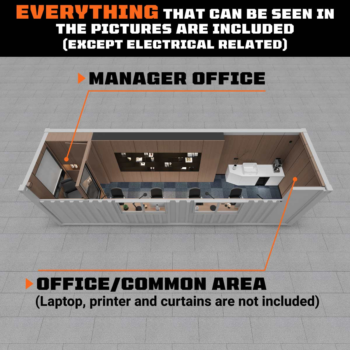 30’ Custom Built Steel Container Office, Working Area & Manager’S Office, 1 Leather Office Chair, 4 Ergonomic Office Chairs, TMG-SCO30