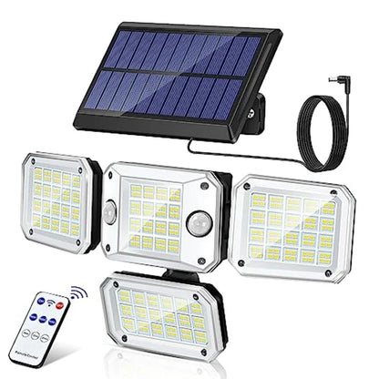 Solar Motion Sensor Flood Light 4 Heads LED Security Lights Waterproof Outdoor Wall Light 3000LM 3 Modes Garden Yard Solar Light
