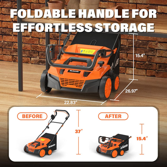 15” 13 Amp Electric Dethatcher and Scarifier, 2-In-1 Lawn Dethatcher with 5-Position Depth Adjustment, 45L Removable Collection Bag, Airboost Technology Increases Lawn Health