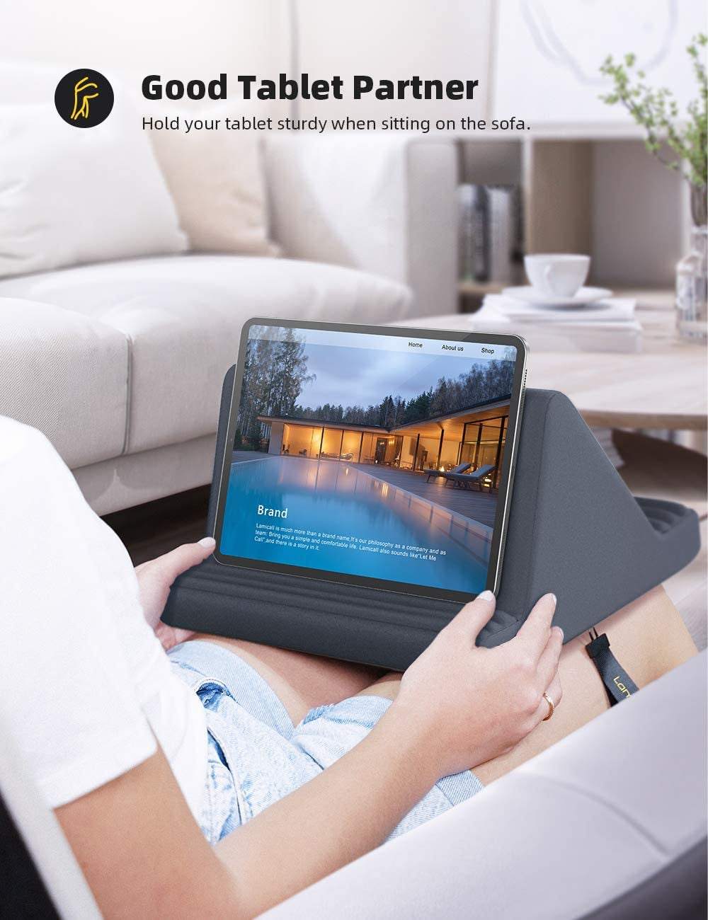Tablet Pillow Stand, Pillow Soft Pad for Lap - Tablet Holder Dock for Bed with 6 Viewing Angles, for 4-13" Tablets, like Ipad Pro 11, 13, Air, Mini, Kindle, Galaxy Tab, E-Reader, Dark Gray
