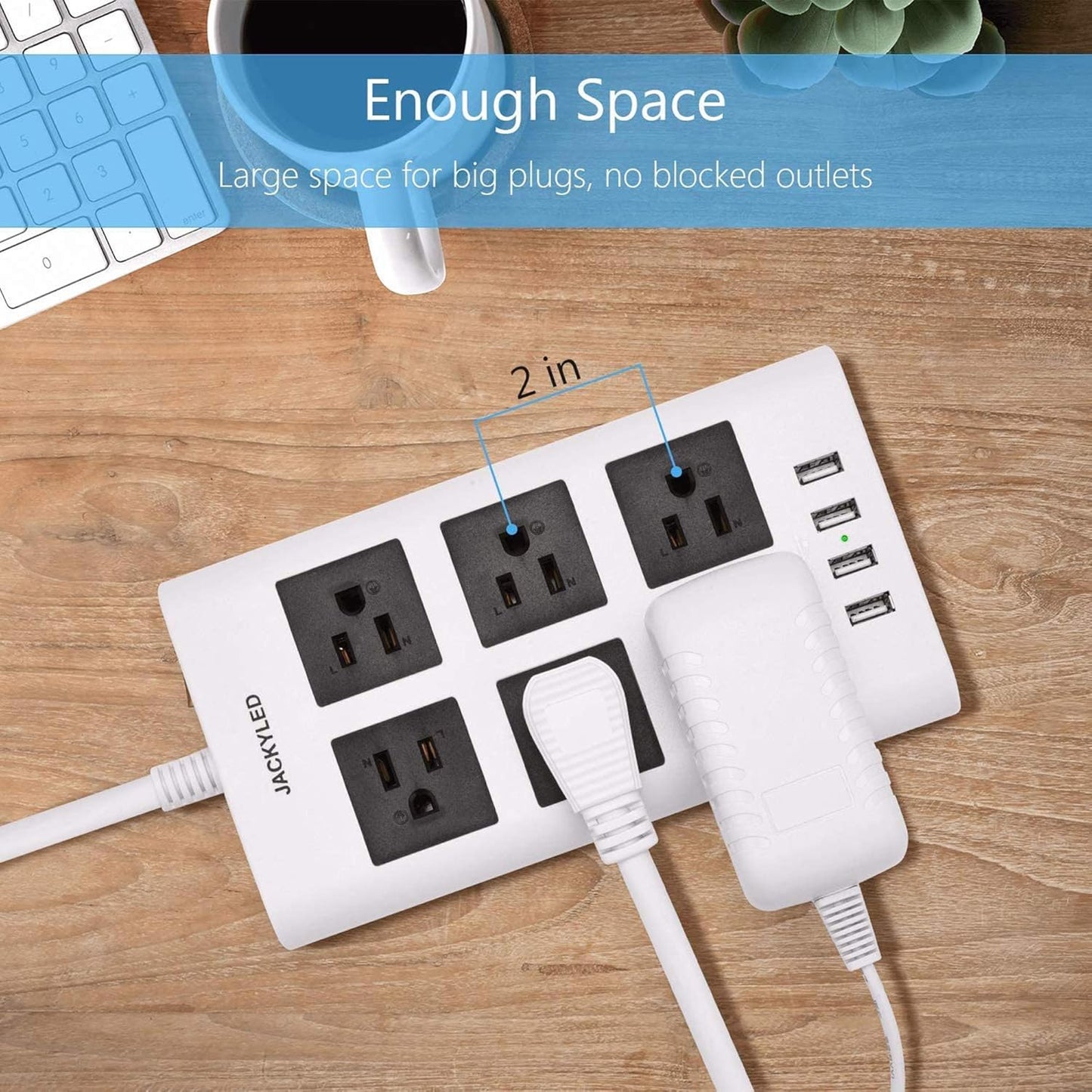 Flat Plug Long Extension Cord 10 Ft,  15A 14 AWG Power Strip Surge Protector with 6 Wide Outlets 4 USB Ports, Fireproof Desktop Charger for Phone Laptop Home Office Dorm Hotel Travel, White