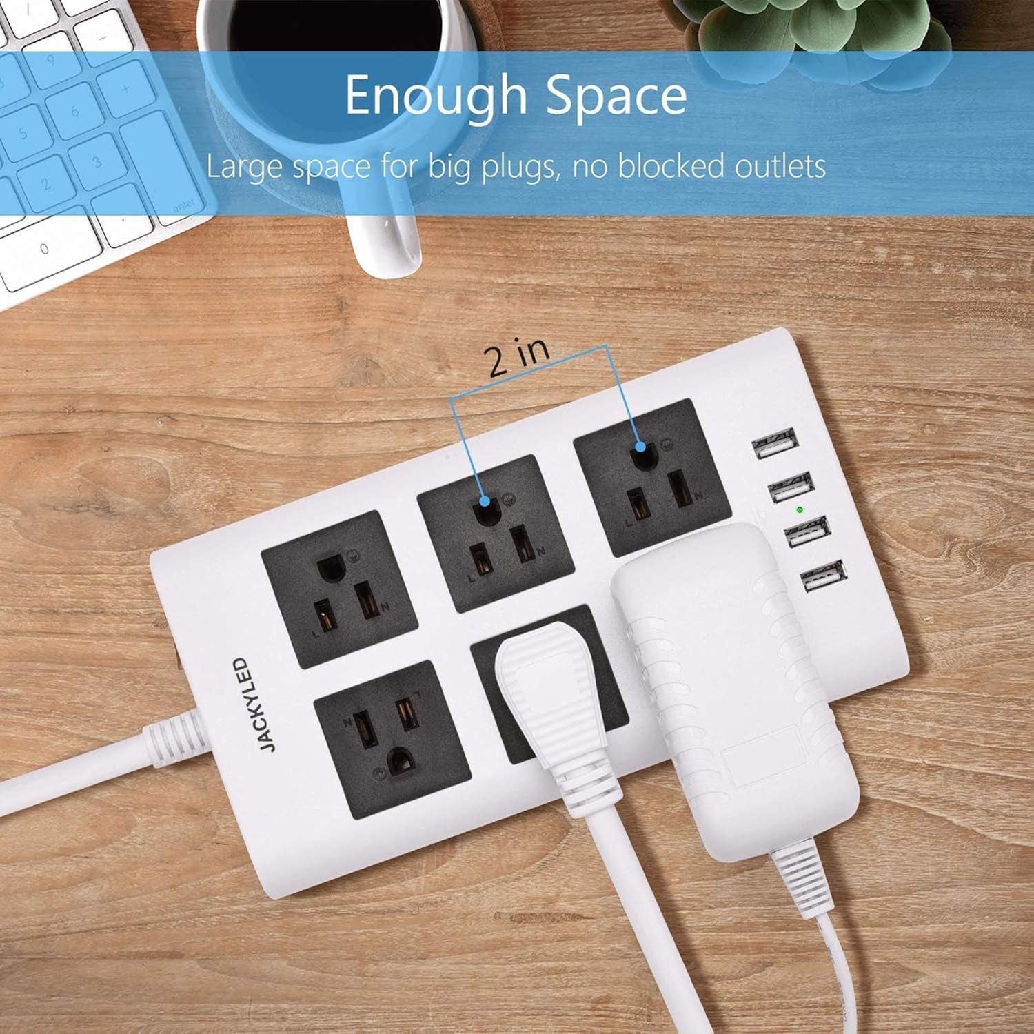 Flat Plug Long Extension Cord 10 Ft,  15A 14 AWG Power Strip Surge Protector with 6 Wide Outlets 4 USB Ports, Fireproof Desktop Charger for Phone Laptop Home Office Dorm Hotel Travel, White