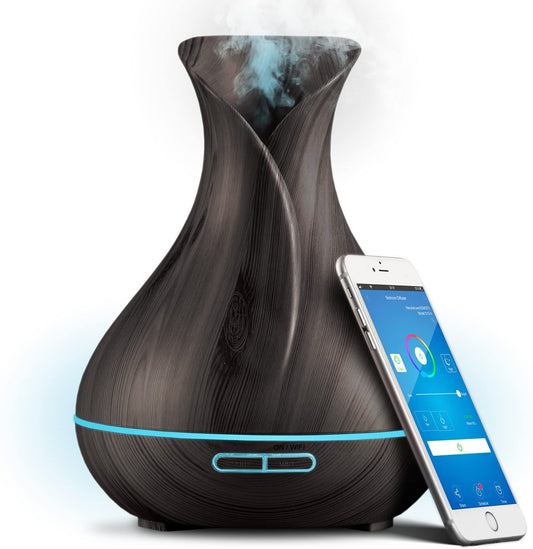 Smart Wifi Wireless Essential Oil Aromatherapy 400Ml Ultrasonic Diffuser & Humidifier with Alexa & Google Home Phone App & Voice Control - LED & Timer Settings Dark Brown