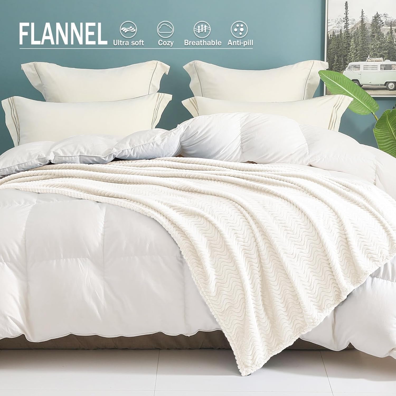 Soft Fleece Throw Blanket for Couch, Cozy Lightweight Blankets with Decorative Wave Textured Suitable for All Season Use, Ivory, 50X70 Inches