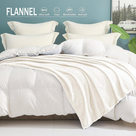 Soft Fleece Throw Blanket for Couch, Cozy Lightweight Blankets with Decorative Wave Textured Suitable for All Season Use, Ivory, 50X70 Inches