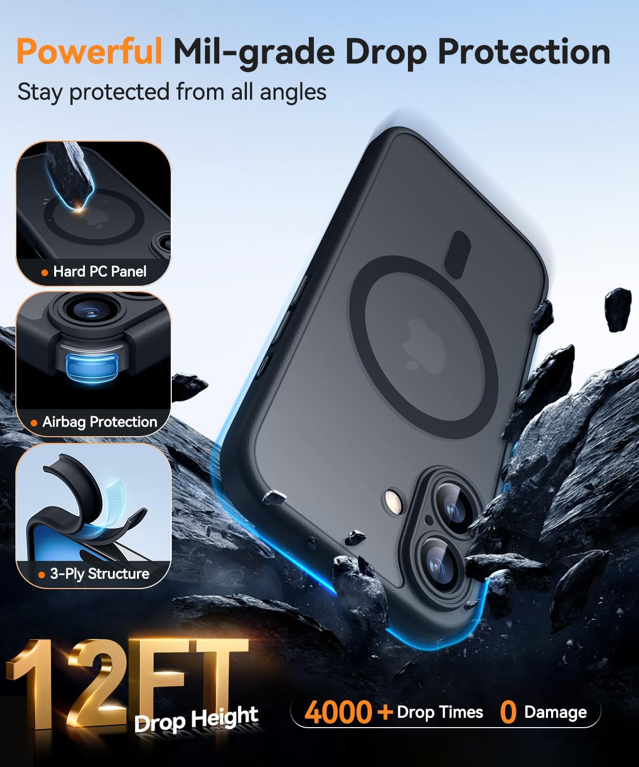 Magnetic for Iphone 16 Case, Upgraded [Full Camera Protection] [Compatible with Magsafe] [Translucent Matte] Shockproof Protective Phone Case for Iphone 16 - Black