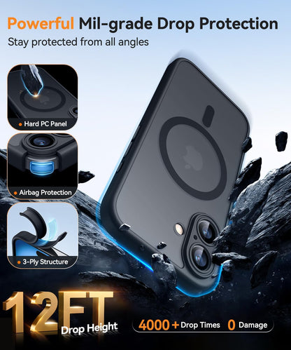 Magnetic for Iphone 16 Case, Upgraded [Full Camera Protection] [Compatible with Magsafe] [Translucent Matte] Shockproof Protective Phone Case for Iphone 16 - Black