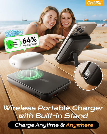 For Magsafe Portable Charger, 12000Mah Wireless Magnetic Power Bank with Stand and PD 20W Fast Charging, for Magsafe Battery Pack Compatible with Iphone 16/15/14/13/12 Series,Travel Camping Essential