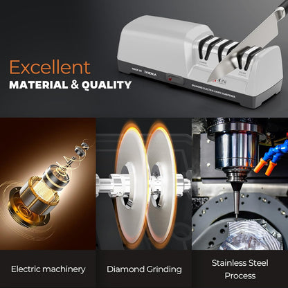 Electric Knife Sharpener - Professional Knife Sharpening Tool with Diamond Abrasives and Precision Angle Guides 3 Stage Slots Knife Sharpener Electric for Metal Ceramic Kitchen Knives