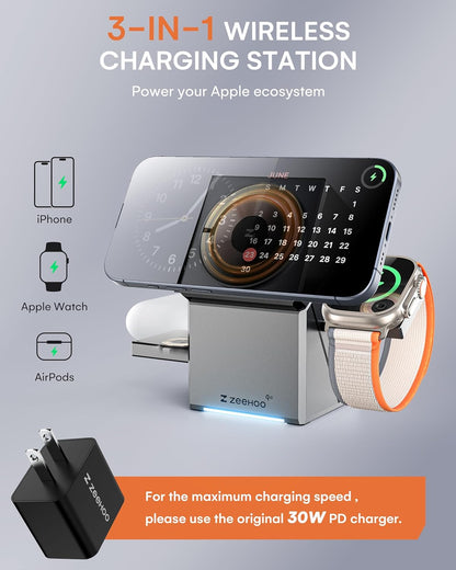 3 in 1 Charging Station for Apple, Iphone Mag-Safe Charger, Qi2 Certified, Rotating Wireless Charger Stand for Iphone 16,15,14,13,12 Series, Apple Watch, Airpods (USB-C Charger Included)