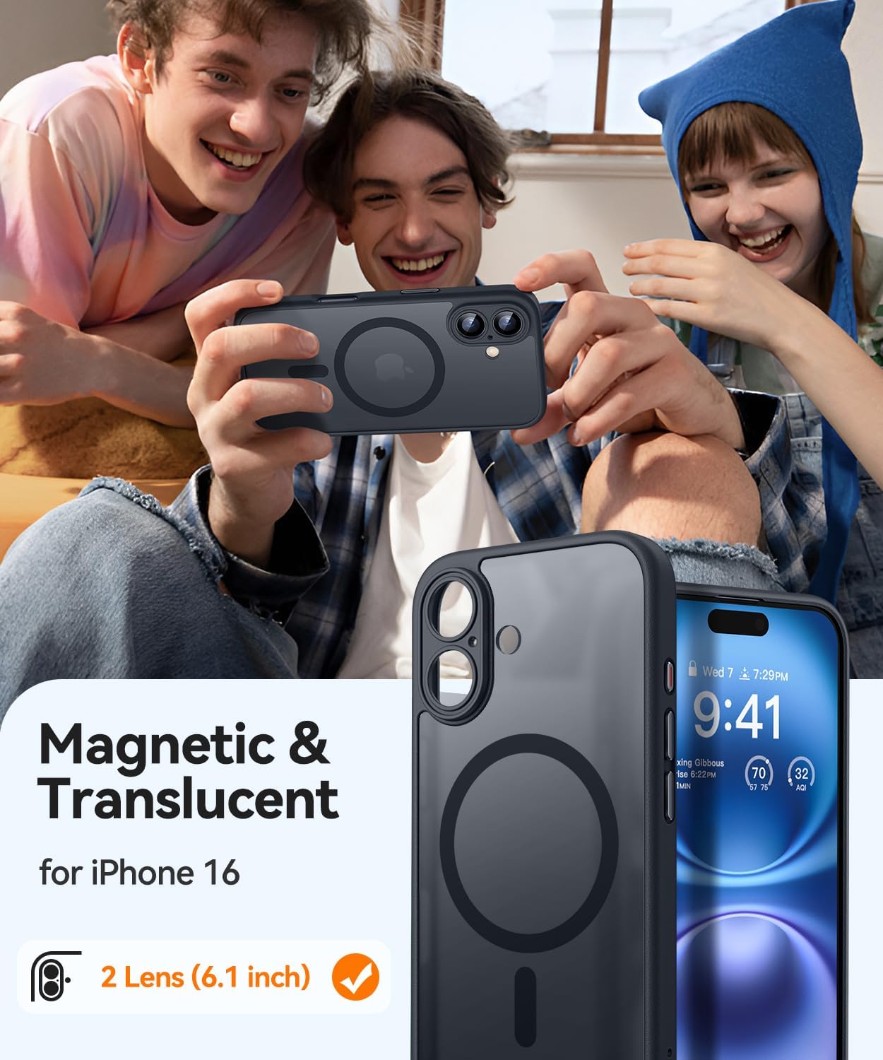 Magnetic for Iphone 16 Case, Upgraded [Full Camera Protection] [Compatible with Magsafe] [Translucent Matte] Shockproof Protective Phone Case for Iphone 16 - Black