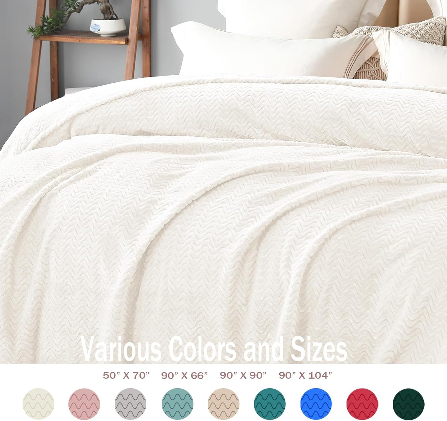 Soft Fleece Throw Blanket for Couch, Cozy Lightweight Blankets with Decorative Wave Textured Suitable for All Season Use, Ivory, 50X70 Inches