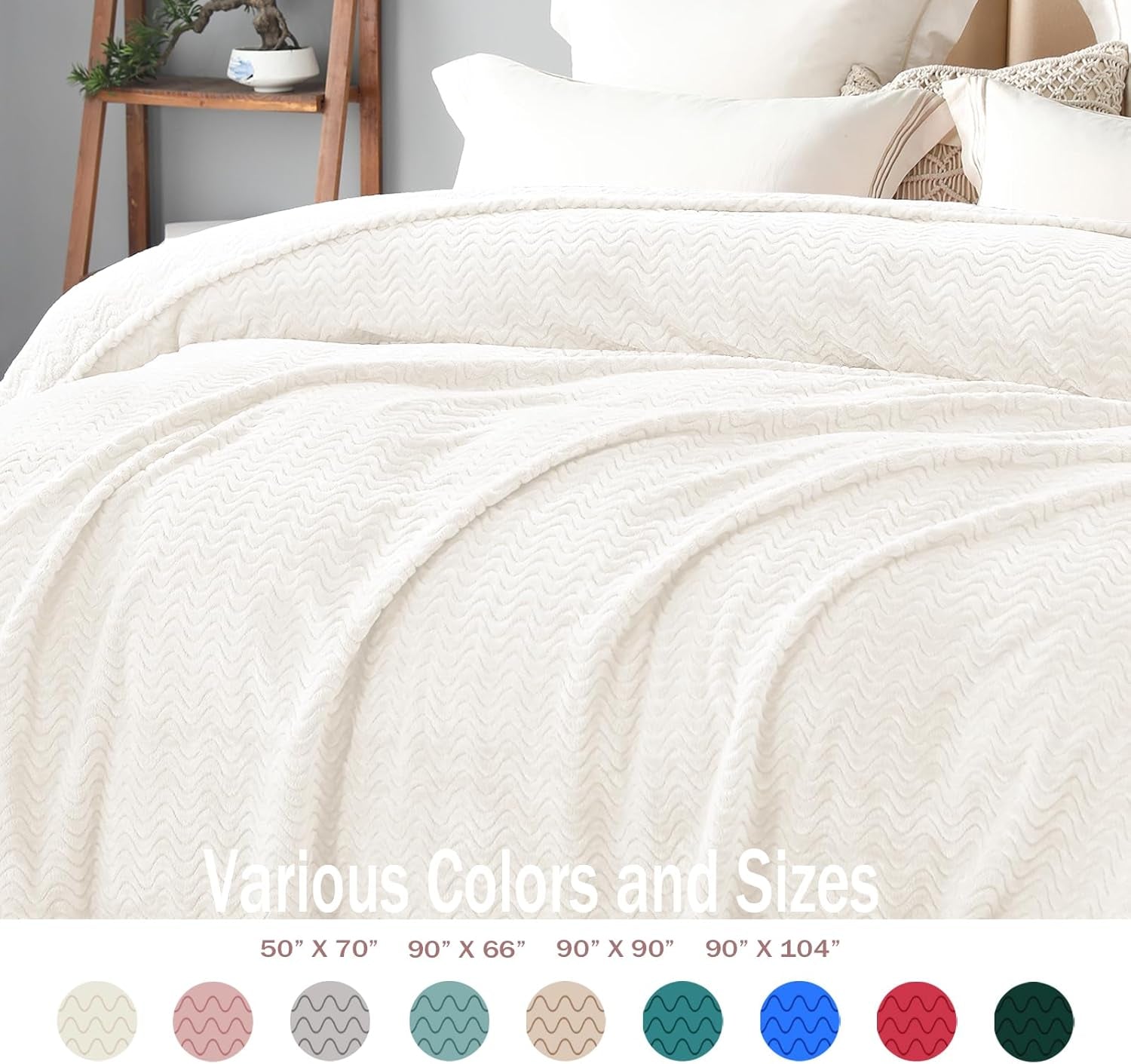Soft Fleece Throw Blanket for Couch, Cozy Lightweight Blankets with Decorative Wave Textured Suitable for All Season Use, Ivory, 50X70 Inches