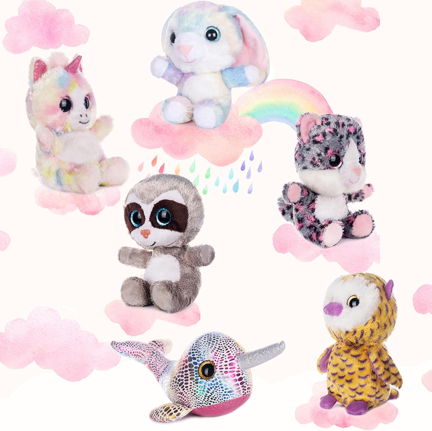 7" Adorable Stuffed Animals Bulk - 6 Pcs Fairy Tale Plush Toys (Sloth, Unicorn, Rabbit, Narwhal, Owl, Cat) - Perfect Plushies for Babies Kids Girls & Boys