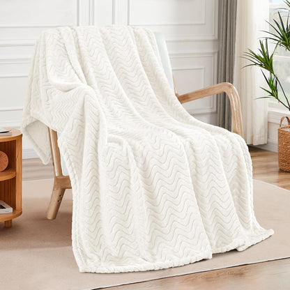 Soft Fleece Throw Blanket for Couch, Cozy Lightweight Blankets with Decorative Wave Textured Suitable for All Season Use, Ivory, 50X70 Inches