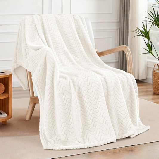 Soft Fleece Throw Blanket for Couch, Cozy Lightweight Blankets with Decorative Wave Textured Suitable for All Season Use, Ivory, 50X70 Inches