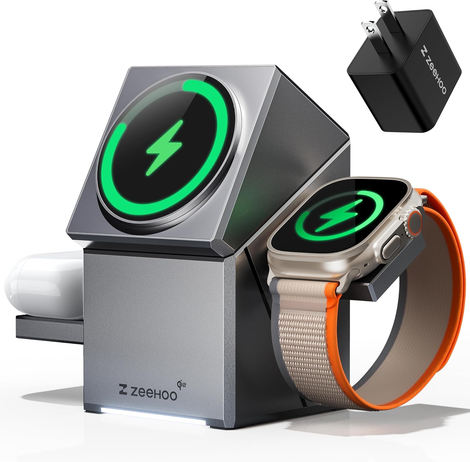 3 in 1 Charging Station for Apple, Iphone Mag-Safe Charger, Qi2 Certified, Rotating Wireless Charger Stand for Iphone 16,15,14,13,12 Series, Apple Watch, Airpods (USB-C Charger Included)